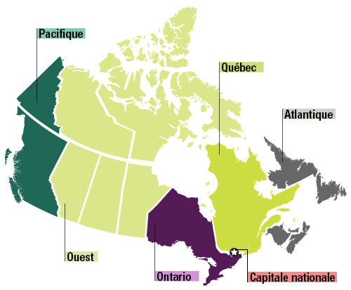 Carte du Canada. Sélectionnez une région pour plus d'informations sur cette région