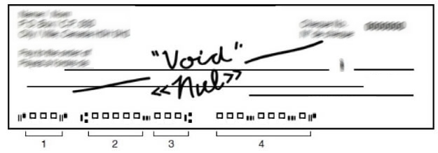 Image of a blank cheque with 'VOID' written on it