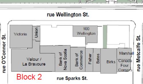 A map of Block 2 which is located between Wellington, O’Connor, Sparks and Metcalfe streets. Text description below image.
