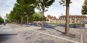 View enlarged image of Place George-V with a half-sodded, half-paved plaza.