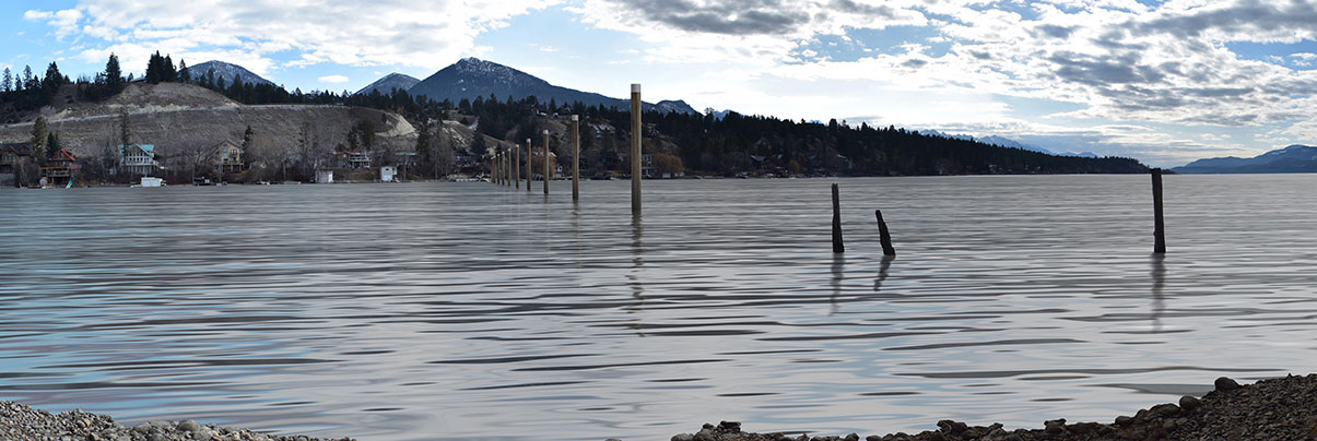 Lake Windermere Groyne, proposed marker installation option 1, from west looking east. Prepared by Hemmera, May 12, 2021.