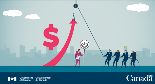 An illustration of price hiking in contracting, with the Government of Canada wordmark and logo at the bottom in medium print against a darker blue background.