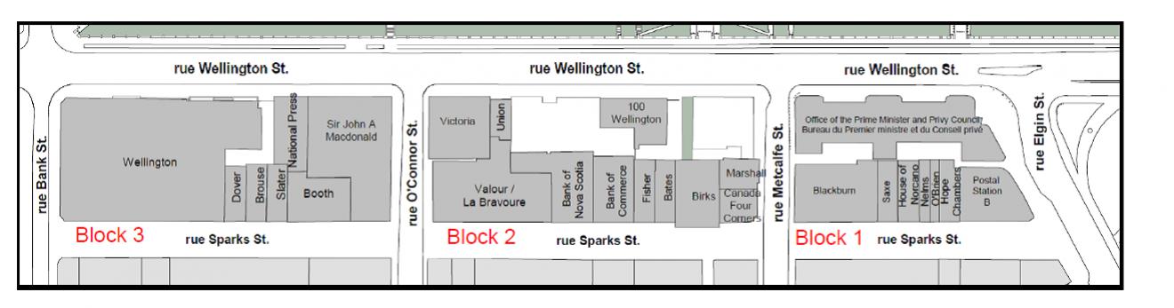 A map of the Blocks 1, 2 and 3 which are bounded by Wellington, Sparks, Elgin and Bank streets. Text description below image.