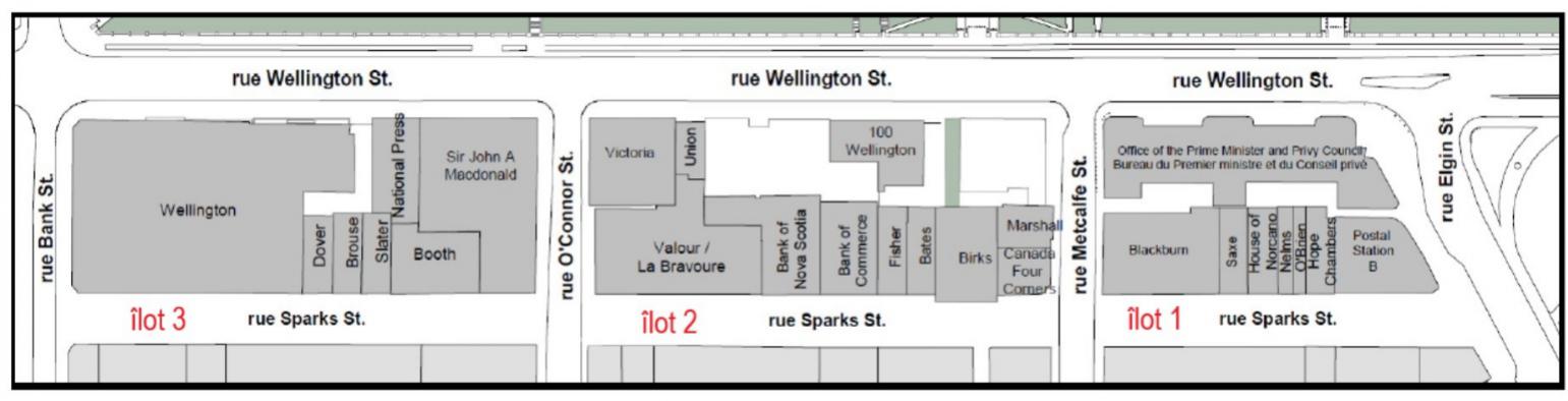 Une carte des quadrilatères 1, 2 et 3 qui sont délimités par les rues Wellington, Sparks, Elgin et Bank. Version textuelle en dessous du graphique.